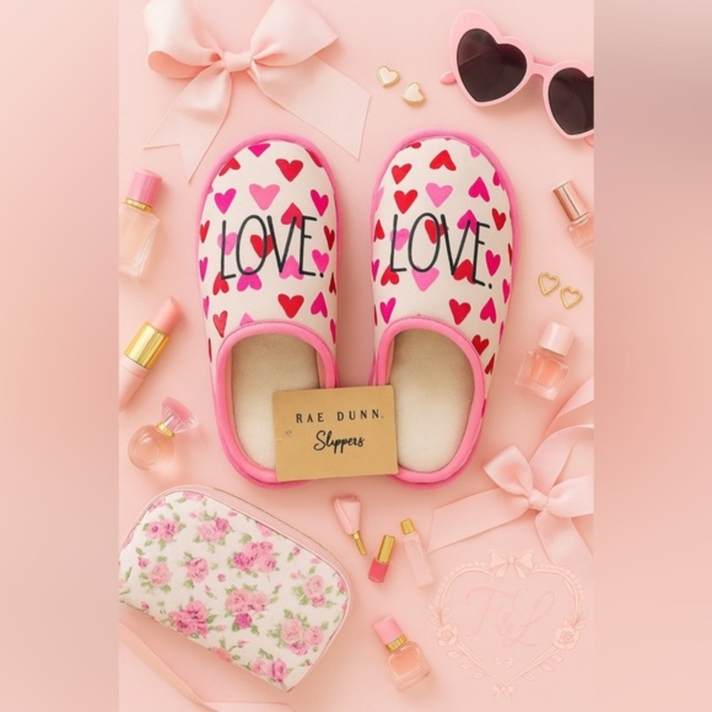 Rae Dunn “Love” Heart Print Slippers Cozy Slip-On Size Small NWT
